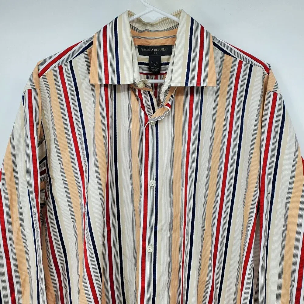 Banana Republic Orange and Red Striped Men's Collared Dress‎ Shirt XL 17 - 17.5